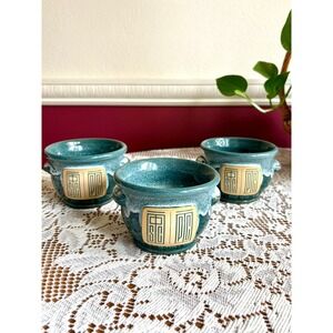 Deneen Pottery Set of 3 Teal Glaze Handcrafted Stoneware Soup Bowls 2024 USA